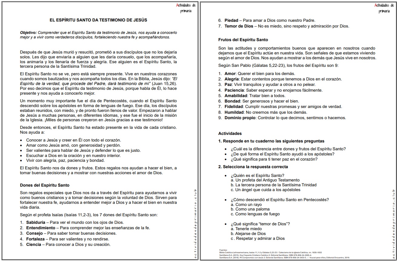 Ficha imprimible sobre el tema el espíritu santo da testimonio de Jesús para religión de quinto grado.