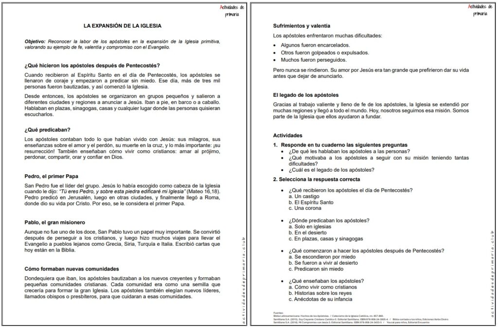 Ficha imprimible sobre la expansión de la Iglesia para religión de quinto grado.