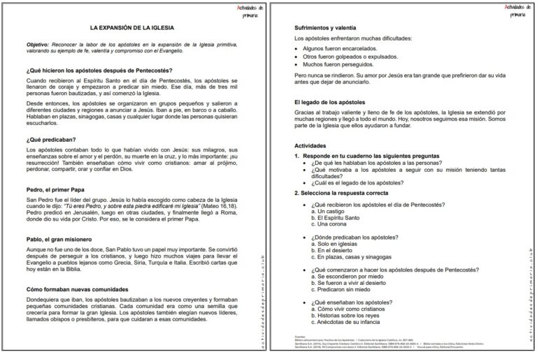Ficha imprimible sobre la expansión de la Iglesia para religión de quinto grado.