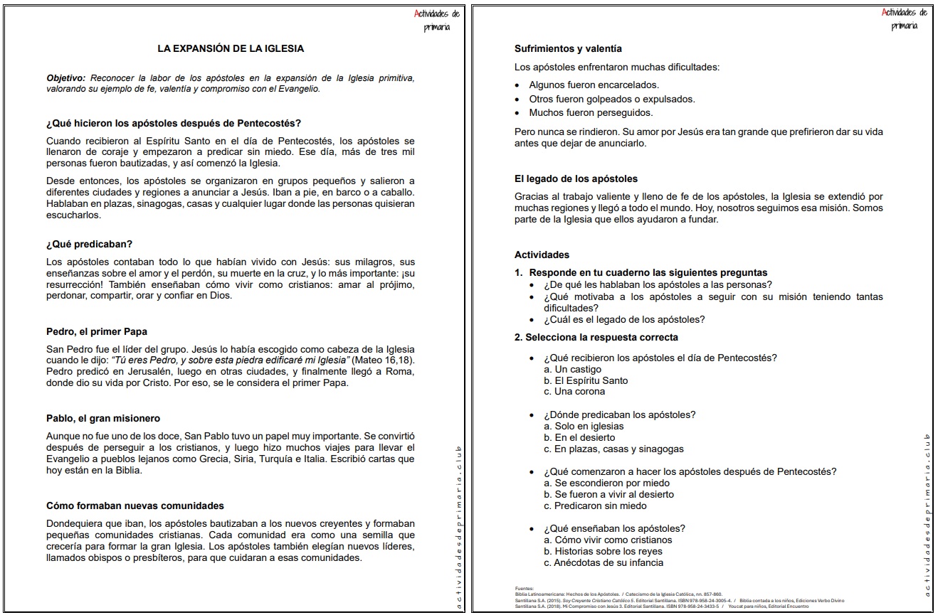 Ficha imprimible sobre la expansión de la Iglesia para religión de quinto grado.