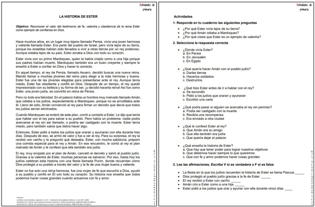 Ficha imprimible sobre la historia de Ester para religión de quinto grado.