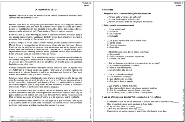 Ficha imprimible sobre la historia de Ester para religión de quinto grado.