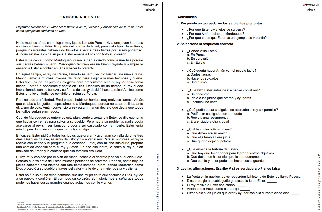 Ficha imprimible sobre la historia de Ester para religión de quinto grado.