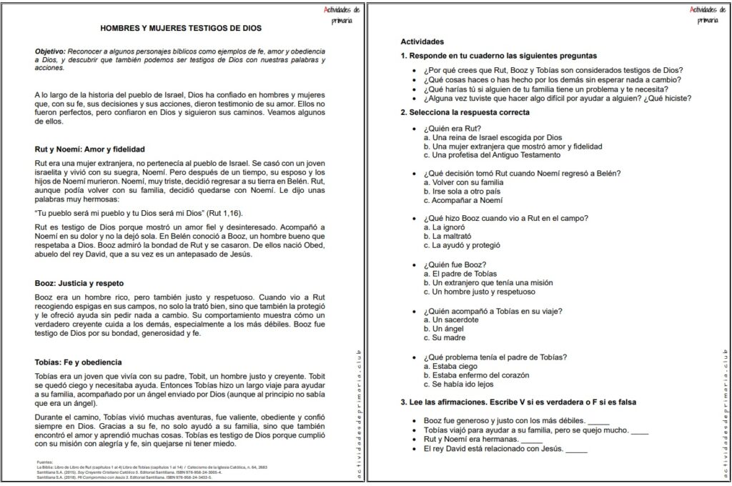 Ficha imprimible sobre hombres y mujeres testigos de Dios para religión de quinto grado.