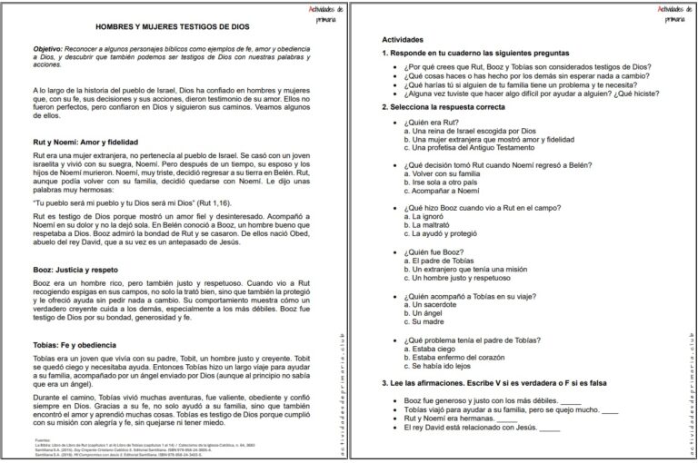 Ficha imprimible sobre hombres y mujeres testigos de Dios para religión de quinto grado.
