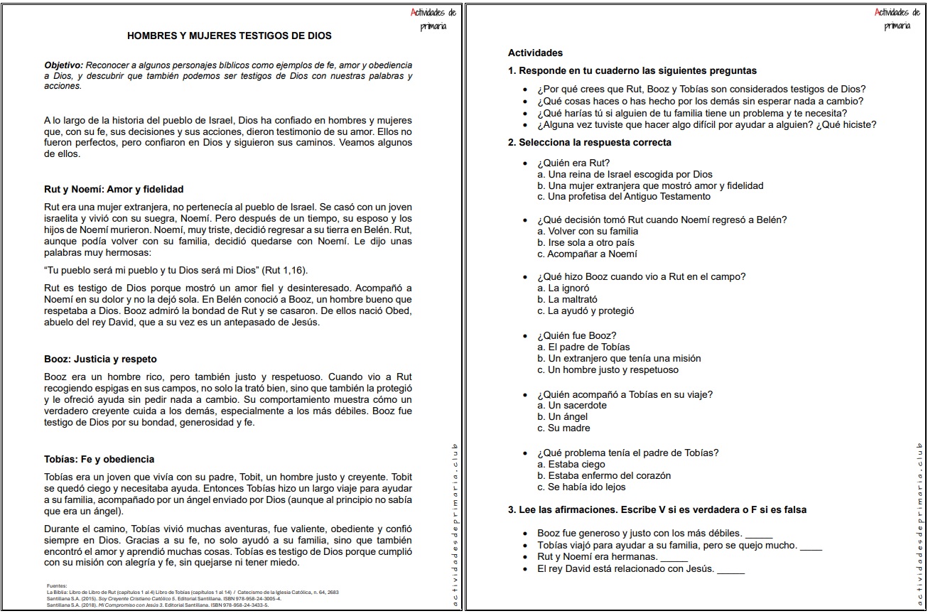 Ficha imprimible sobre hombres y mujeres testigos de Dios para religión de quinto grado.