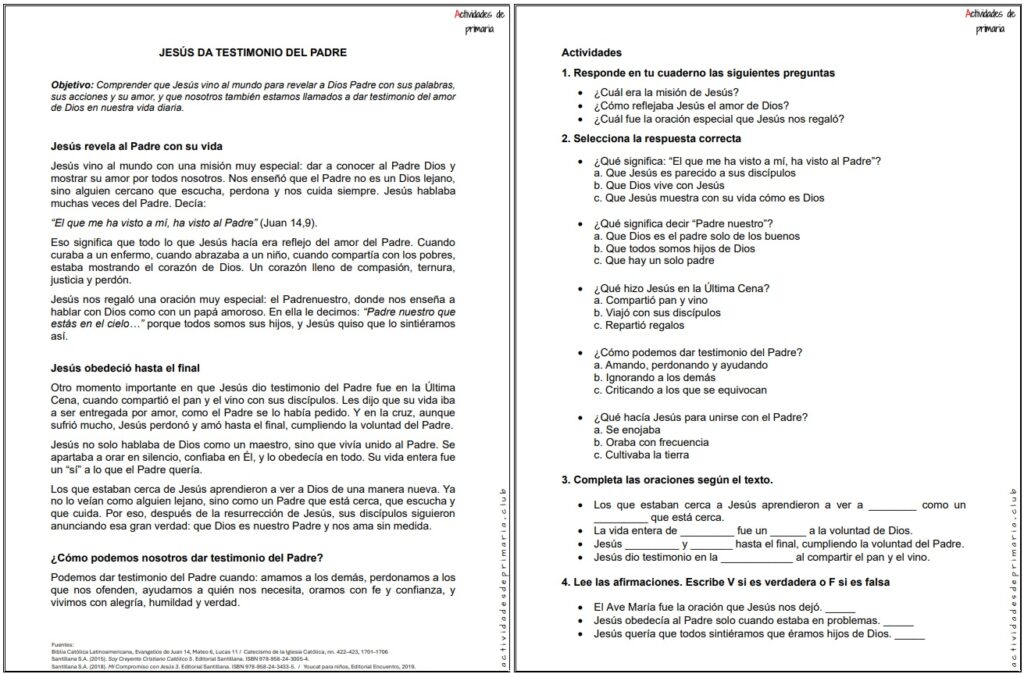Ficha imprimible sobre el tema Jesús da testimonio del padre para religión de quinto grado.