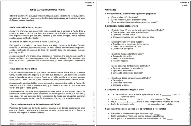 Ficha imprimible sobre el tema Jesús da testimonio del padre para religión de quinto grado.