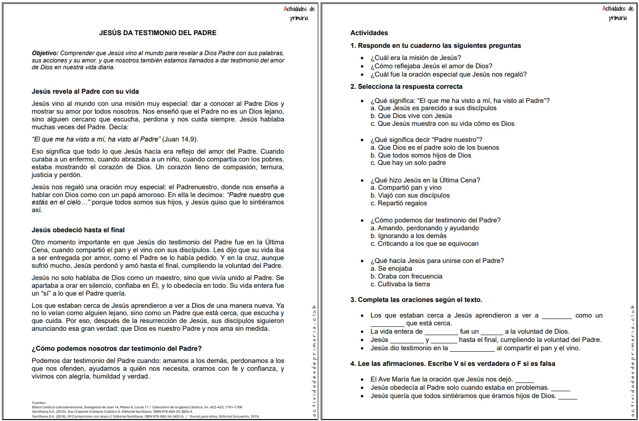Ficha imprimible sobre el tema Jesús da testimonio del padre para religión de quinto grado.