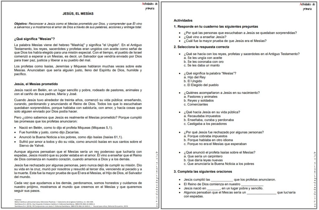 Ficha imprimible sobre Jesús, el mesías para religión de quinto grado.