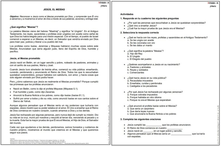 Ficha imprimible sobre Jesús, el mesías para religión de quinto grado.
