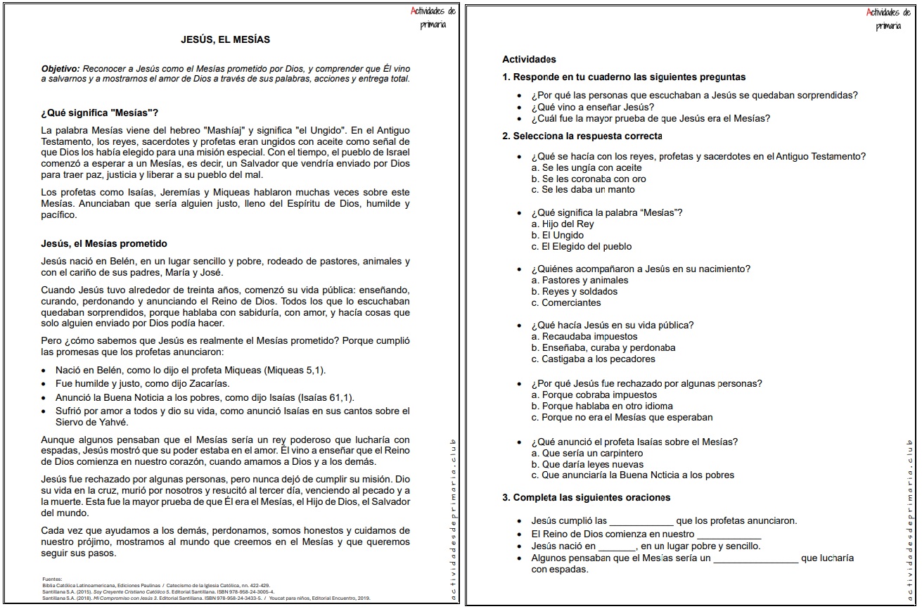 Ficha imprimible sobre Jesús, el mesías para religión de quinto grado.