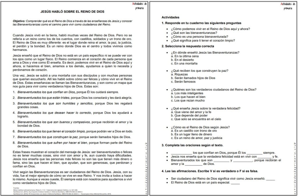 Ficha imprimible sobre el tema Jesús habló sobre el reino de Dios para religión de quinto grado.