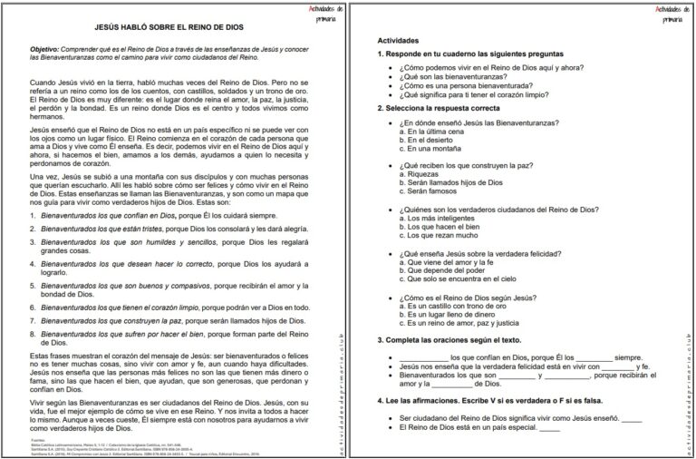 Ficha imprimible sobre el tema Jesús habló sobre el reino de Dios para religión de quinto grado.