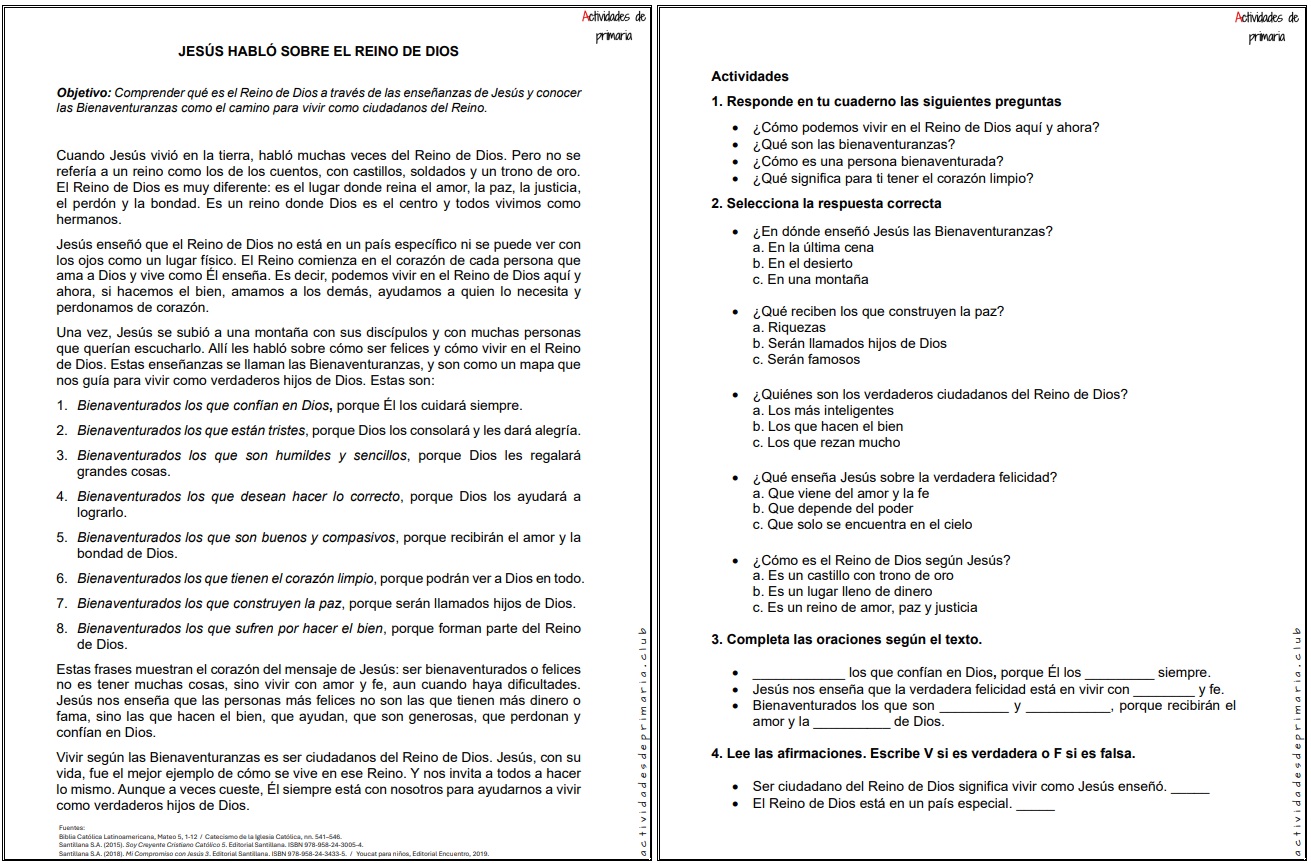 Ficha imprimible sobre el tema Jesús habló sobre el reino de Dios para religión de quinto grado.