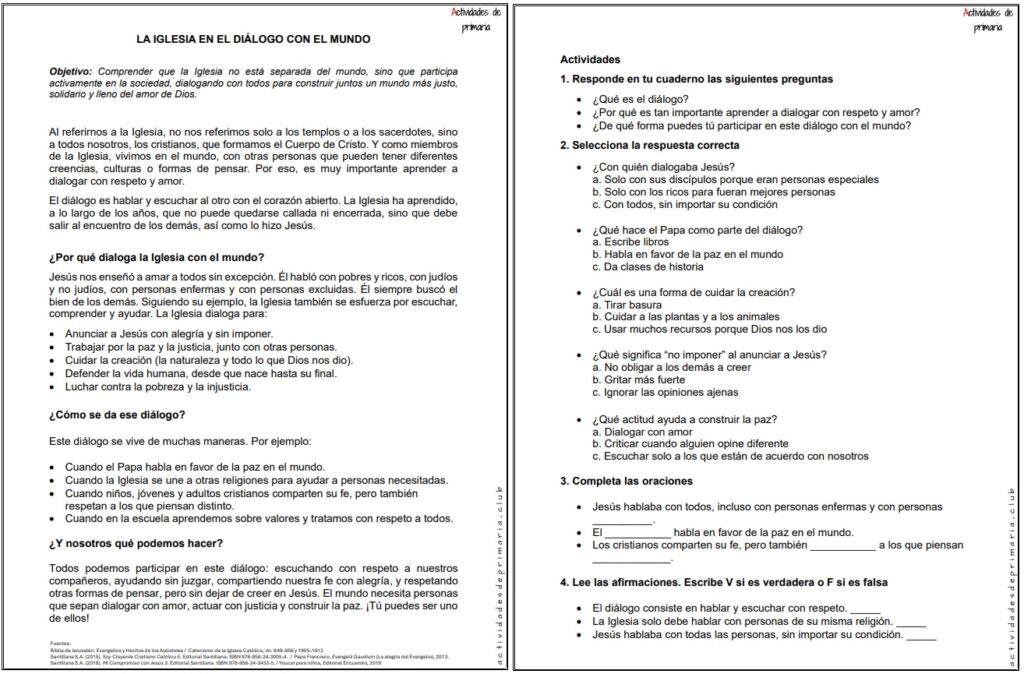 Ficha imprimible sobre la iglesia en el diálogo con el mundo para religión de quinto grado.