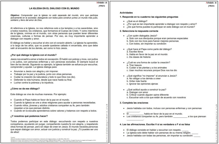 Ficha imprimible sobre la iglesia en el diálogo con el mundo para religión de quinto grado.