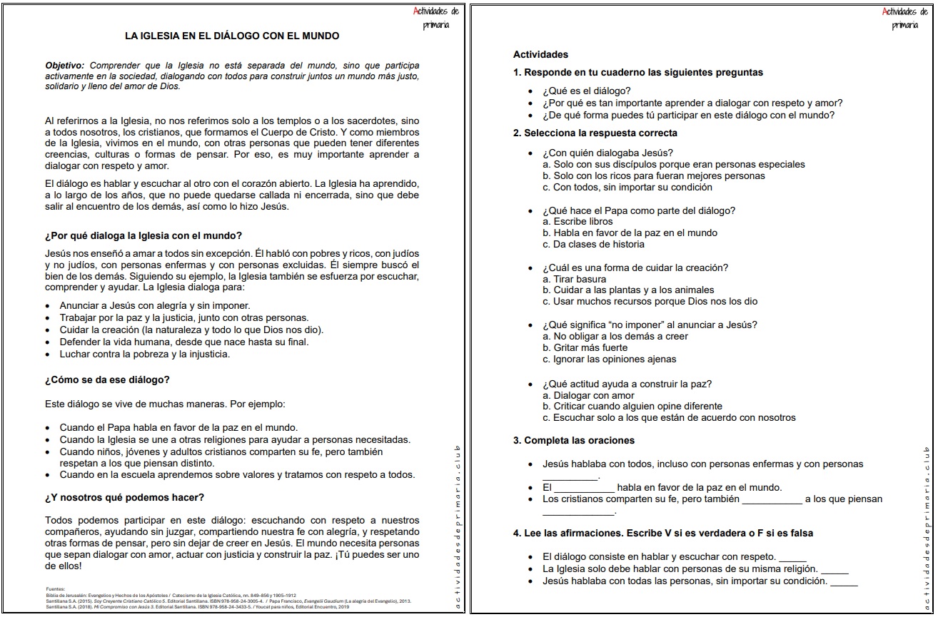 Ficha imprimible sobre la iglesia en el diálogo con el mundo para religión de quinto grado.