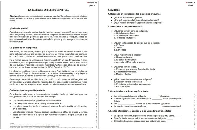 Ficha imprimible sobre el tema la iglesia es un cuerpo espiritual para religión de quinto grado.
