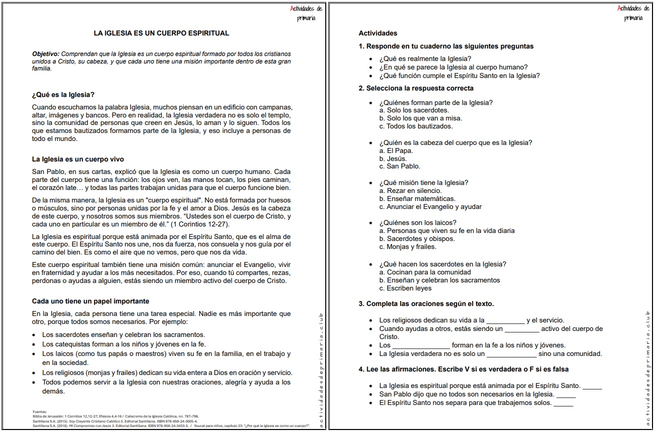 Ficha imprimible sobre el tema la iglesia es un cuerpo espiritual para religión de quinto grado.