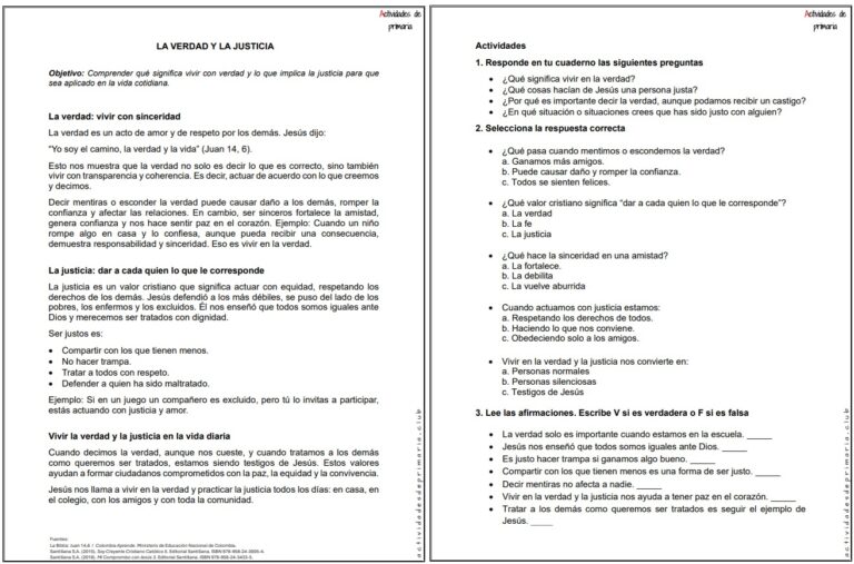 Ficha imprimible de la verdad y la justicia en Dios para religión de quinto grado.