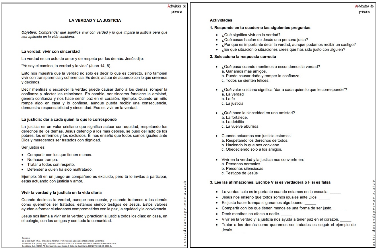 Ficha imprimible de la verdad y la justicia en Dios para religión de quinto grado.