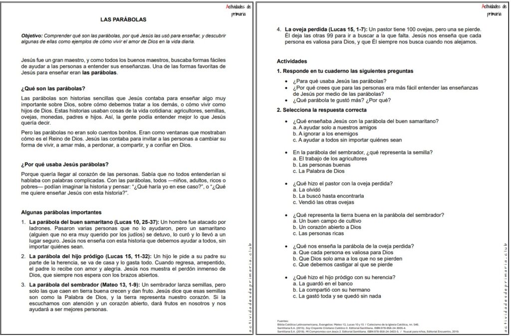 Ficha imprimible sobre las parábolas para religión de quinto grado.