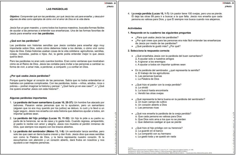 Ficha imprimible sobre las parábolas para religión de quinto grado.