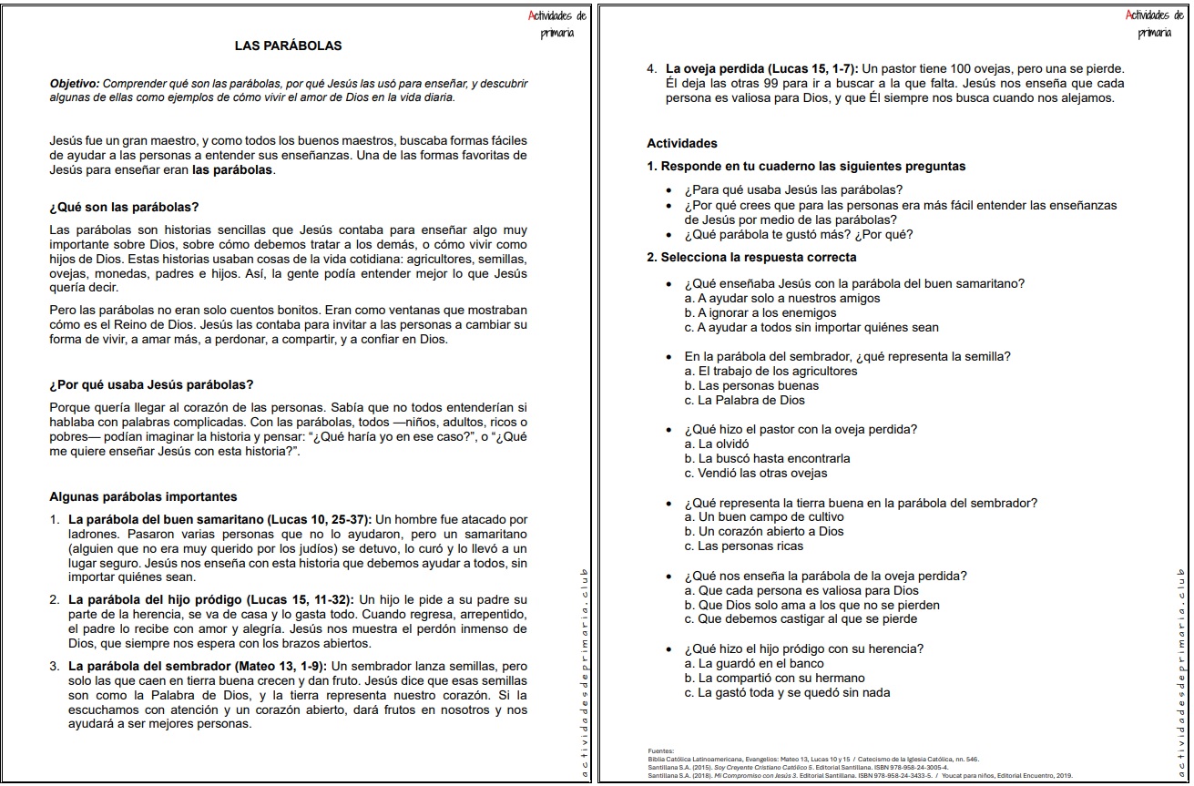 Ficha imprimible sobre las parábolas para religión de quinto grado.