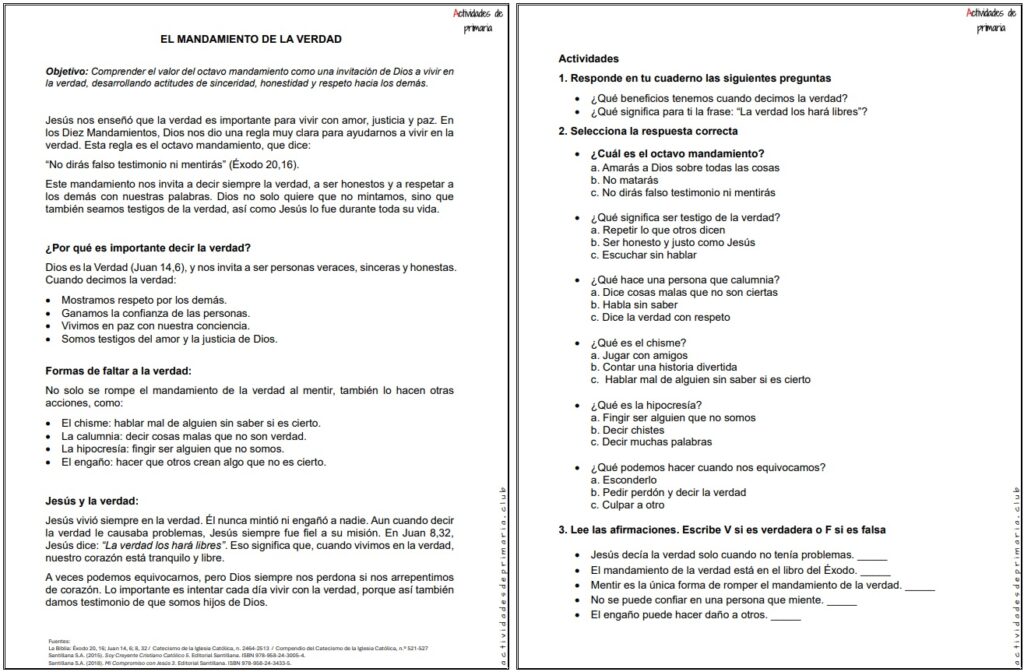 Ficha imprimible sobre el mandamiento de la verdad para religión de quinto grado.