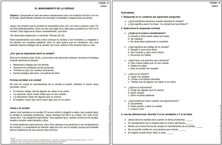 Ficha imprimible sobre el mandamiento de la verdad para religión de quinto grado.