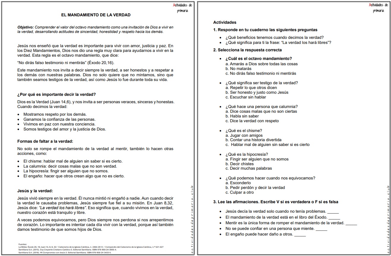 Ficha imprimible sobre el mandamiento de la verdad para religión de quinto grado.