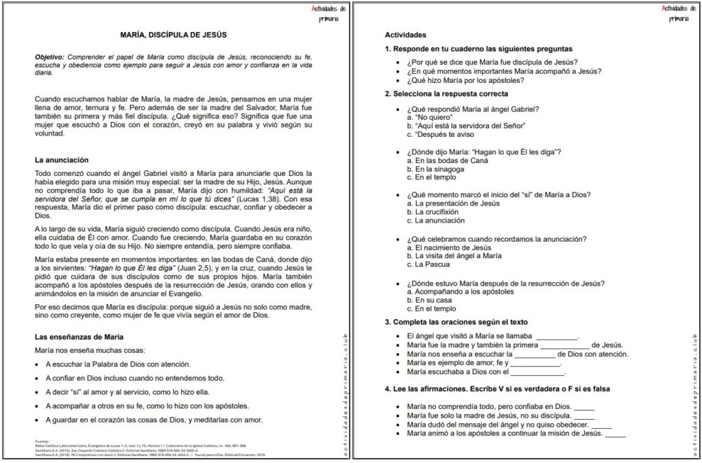Ficha imprimible sobre María, discípula de Jesús para religión de quinto grado.