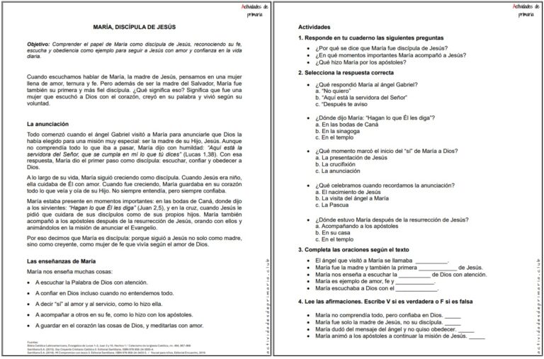 Ficha imprimible sobre María, discípula de Jesús para religión de quinto grado.