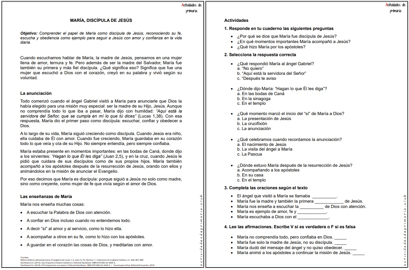 Ficha imprimible sobre María, discípula de Jesús para religión de quinto grado.