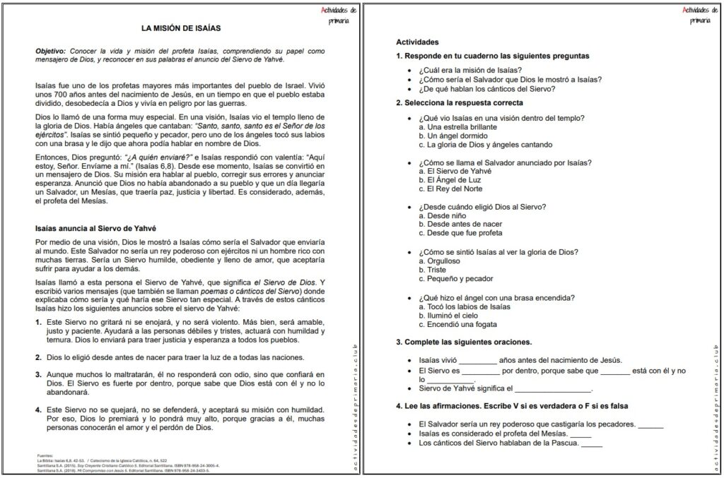 Ficha imprimible sobre la misión de Isaías para religión de quinto grado.