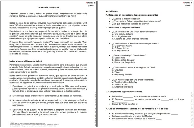 Ficha imprimible sobre la misión de Isaías para religión de quinto grado.