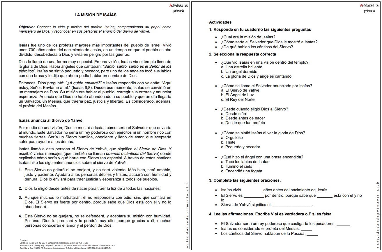 Ficha imprimible sobre la misión de Isaías para religión de quinto grado.