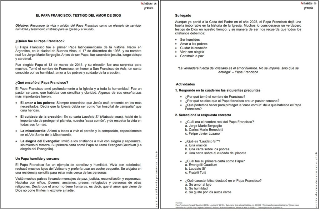 Ficha imprimible sobre el papa Francisco testigo del amor de Dios para religión de quinto grado.