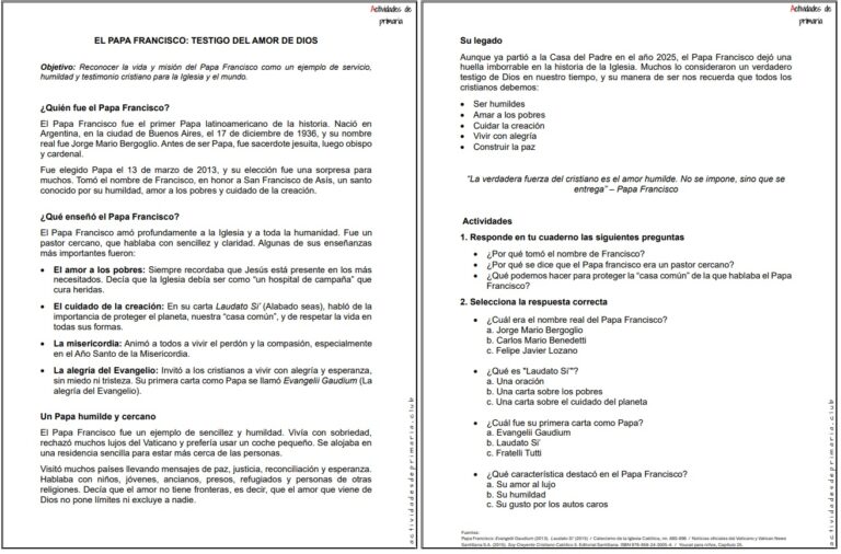 Ficha imprimible sobre el papa Francisco testigo del amor de Dios para religión de quinto grado.