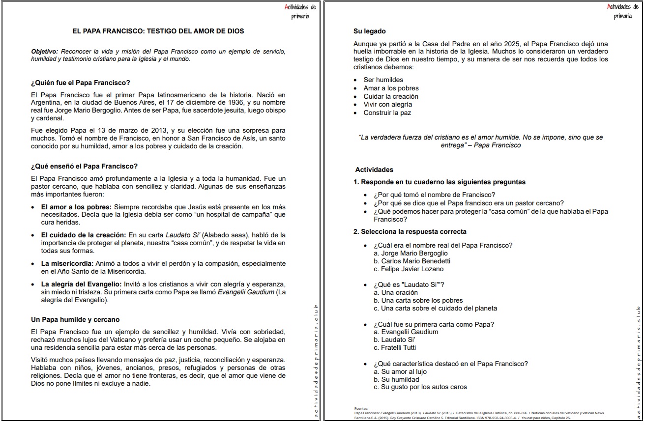 Ficha imprimible sobre el papa Francisco testigo del amor de Dios para religión de quinto grado.