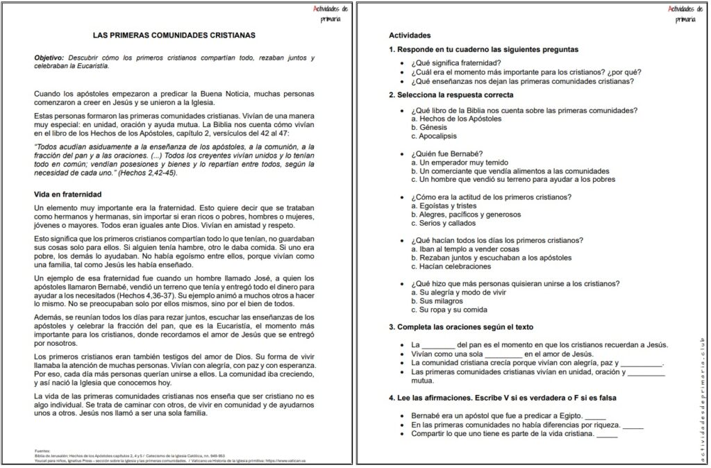 Ficha imprimible sobre las primeras comunidades cristianas para religión de quinto grado.