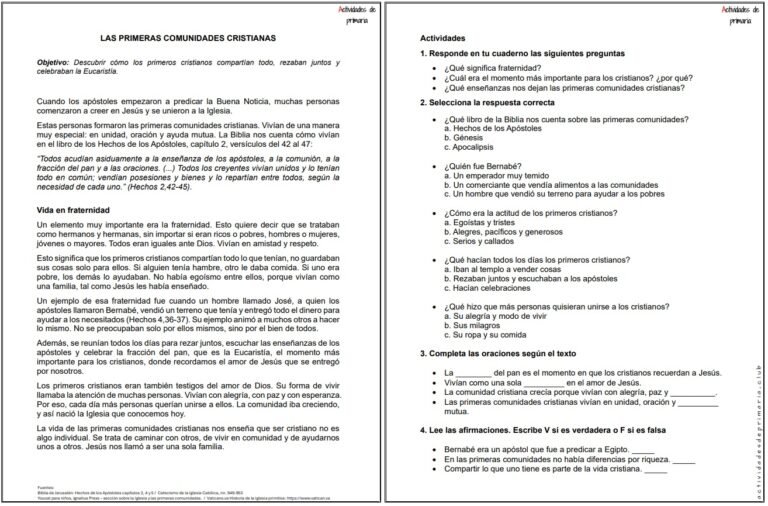 Ficha imprimible sobre las primeras comunidades cristianas para religión de quinto grado.