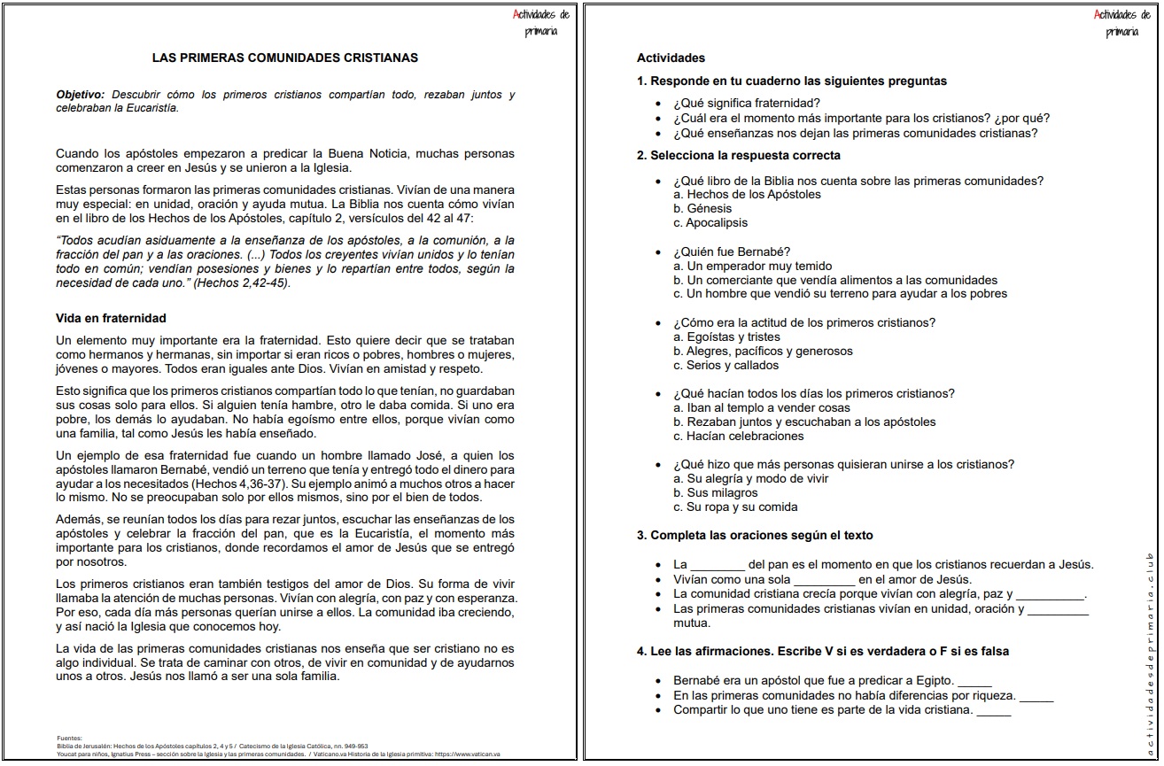 Ficha imprimible sobre las primeras comunidades cristianas para religión de quinto grado.