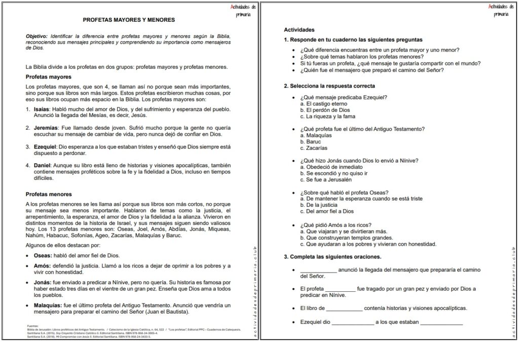 Ficha imprimible sobre profetas mayores y menores para religión de quinto grado.