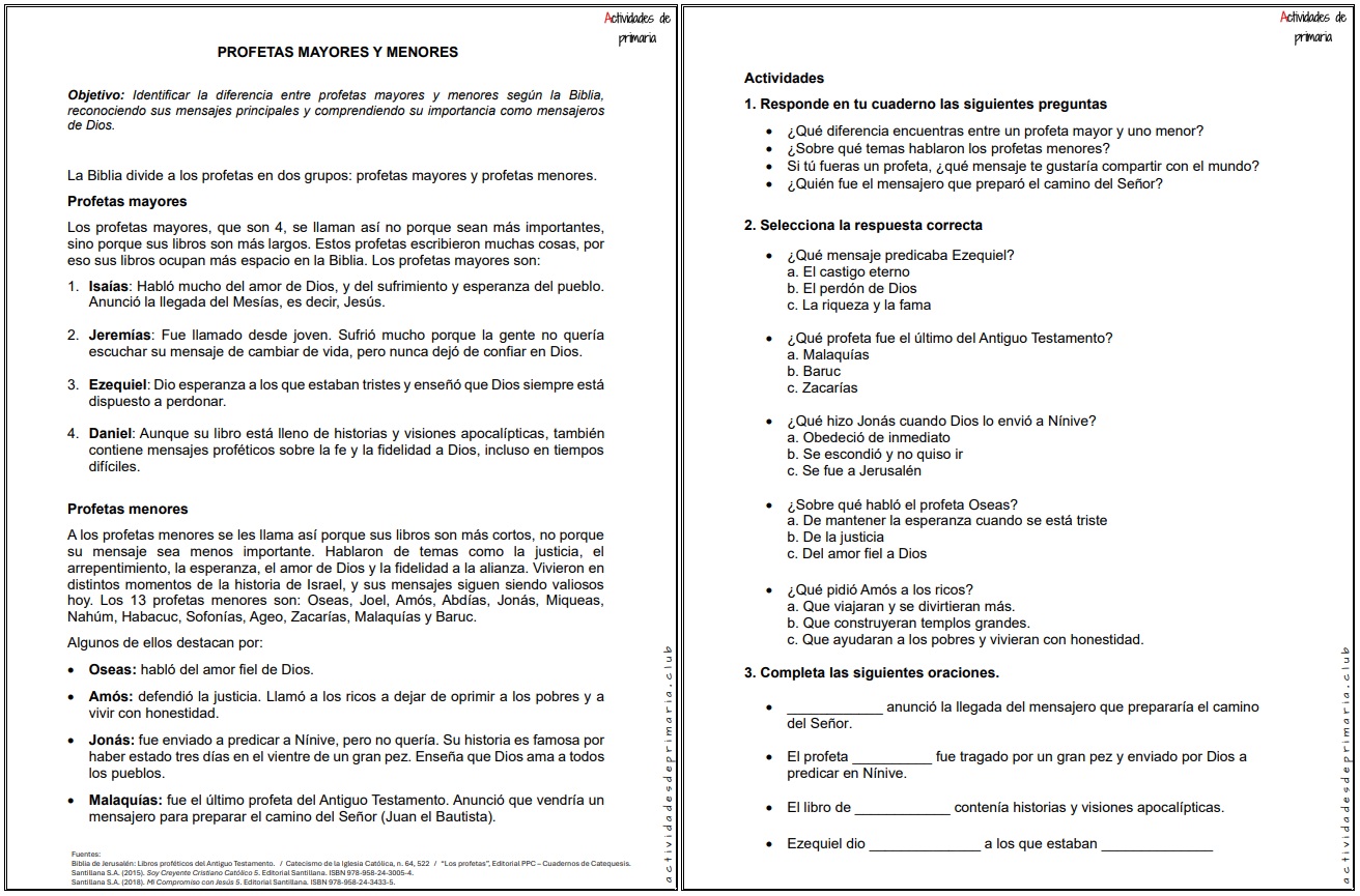 Ficha imprimible sobre profetas mayores y menores para religión de quinto grado.