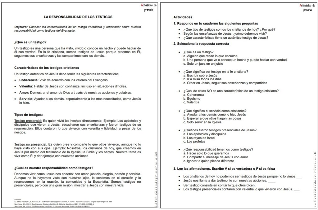Ficha imprimible sobre la responsabilidad de los testigos, para religión de quinto grado.