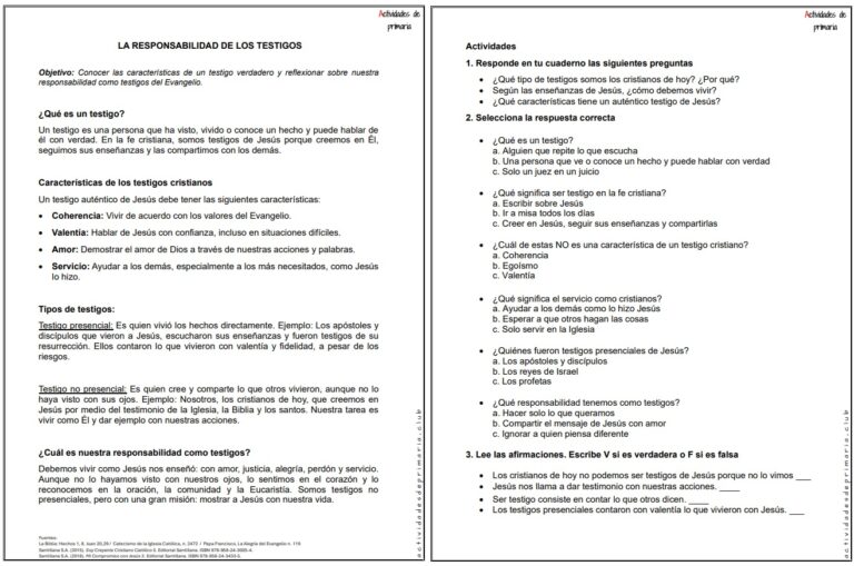 Ficha imprimible sobre la responsabilidad de los testigos, para religión de quinto grado.
