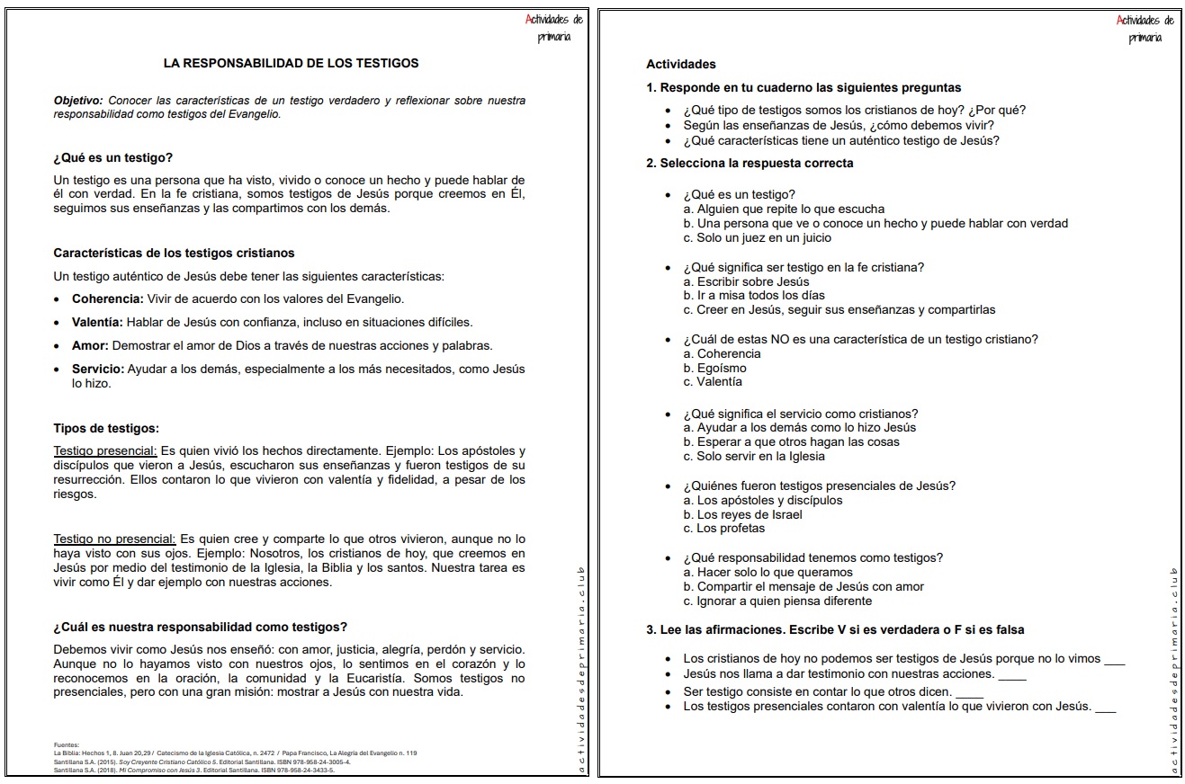 Ficha imprimible sobre la responsabilidad de los testigos, para religión de quinto grado.