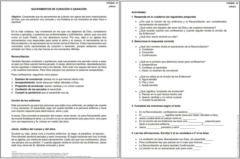 Ficha imprimible sobre sacramentos de curación o sanación para religión de quinto grado.